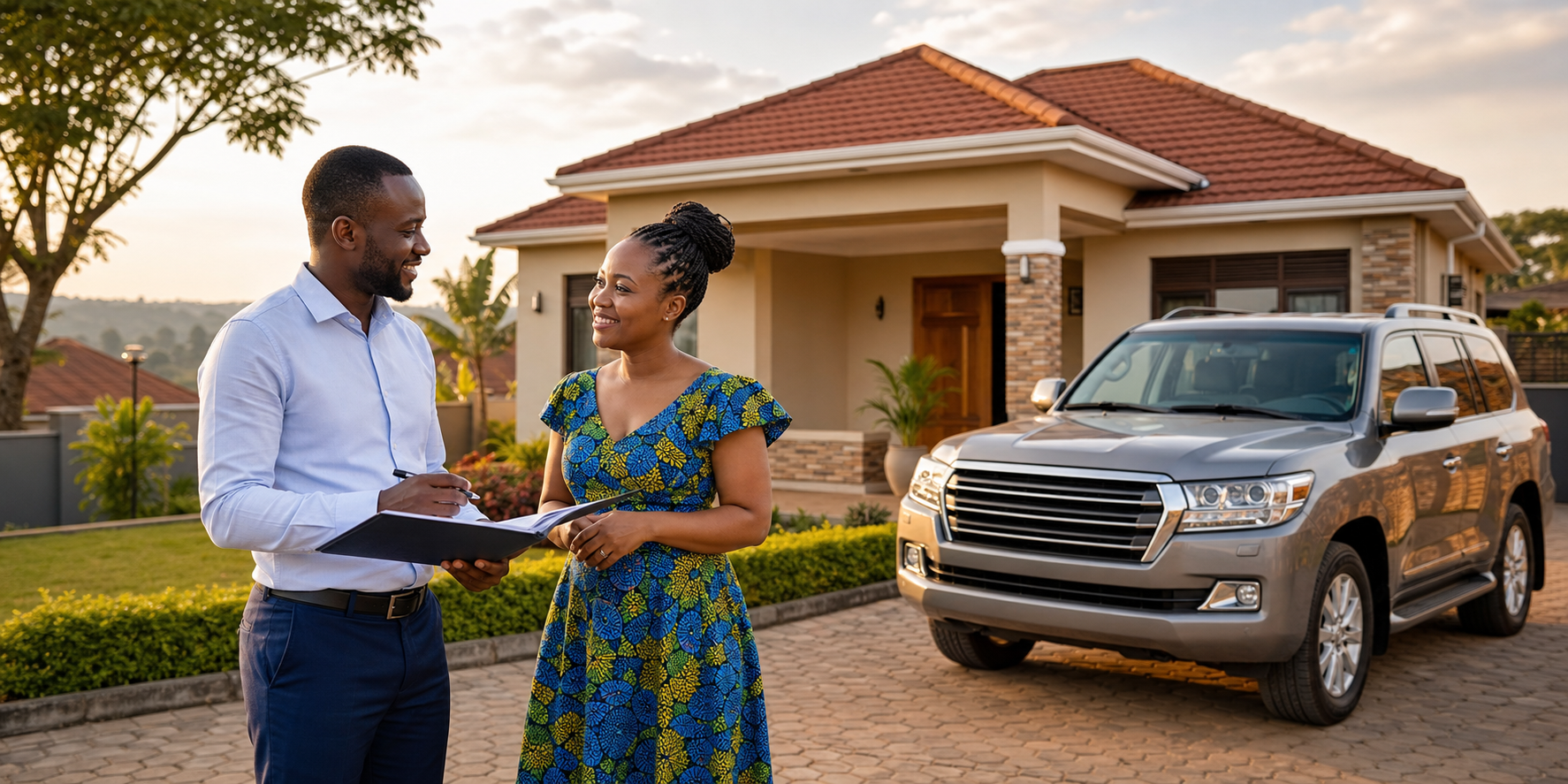 Ugandan borrower and lending advisor discussing finance near a home and SUV